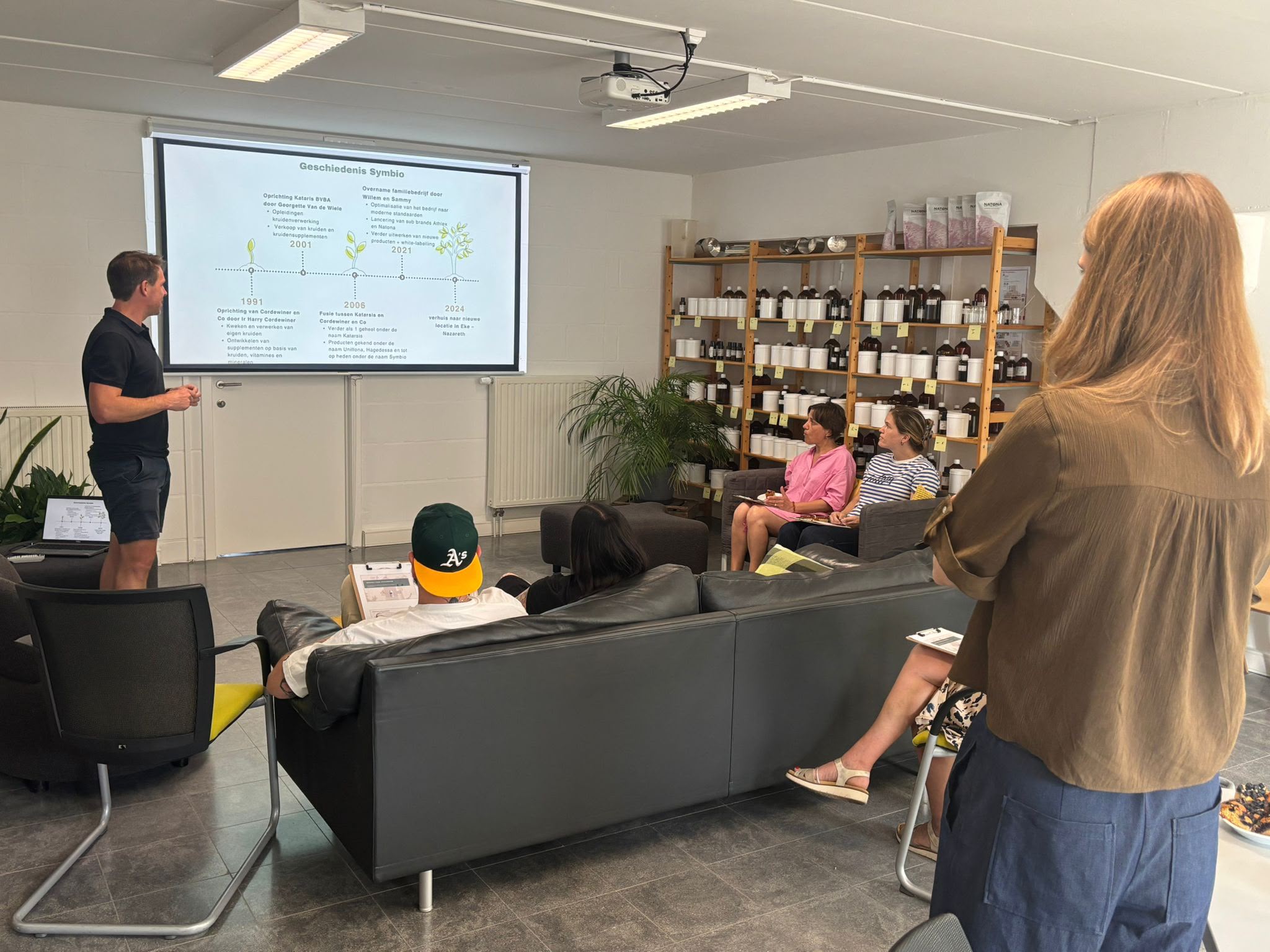 Man giving a presentation at a whiteboard/projector screen in a casual meeting room, slide displaying a timeline in Dutch and a small audience seated on couches.