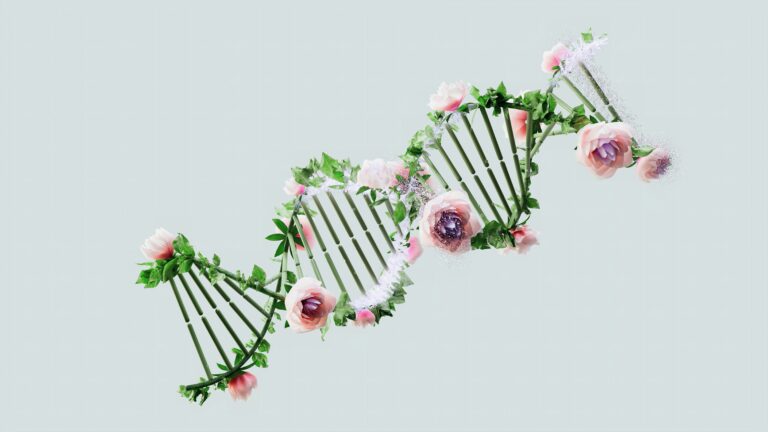 Abstract DNA double helix woven with pink flowers on a pale blue background, artistic and decorative.